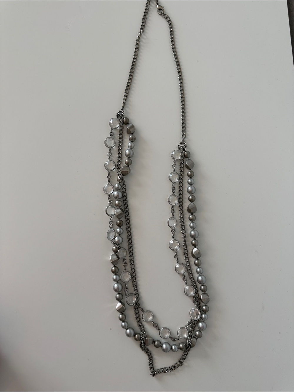 Layered Silver-Tone Multi-Strand Necklace with Clear Accents